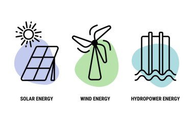 Yeşil enerji simgeleri. Yenilenebilir enerji ikonları, yeşil teknoloji. Projeleriniz için tasarım elemanları. Ekoloji için basit bir taslak işareti. Hidroelektrik enerji, Rüzgar enerjisi, Güneş enerjisi..