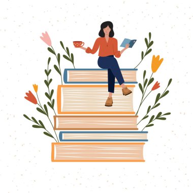 Kitap festivali konsepti. Genç bir kadın kitap yığınının üzerinde oturuyor ve çiçekler, yapraklar, bitkiler etrafındaki kitabı okuyor posterler, afişler, web siteleri, reklamlar için vektör dairesi çizimi. 