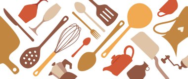 Mutfak gereçleri, erzak deposu afişleri. Bıçak, çatal, kaşık, tencere, spatula seti. Yemek takımı, mutfak gereçleri, mutfak aletleri koleksiyonu. Beyaz arka planda çatal bıçak takımı. Vektör pişirme posteri.