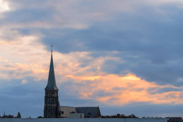 Early Morning Whit Lot Clouds Rising Sun Whit Church — Stock Photo, Image
