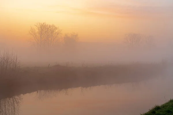 Tôt Matin Sur Rivière Dender Sur Lever Soleil Brumeux Mais — Photo