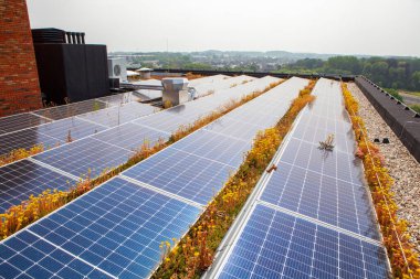 Konut alanındaki bir binada, çatıda eko güneş panelleri var.
