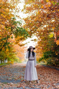 Sonbahar anları. Çekici kadın, sonbahar ağaçlarının arasında kameraya poz vererek huzuru buldu..