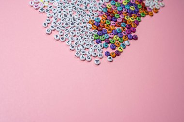 sweet multicolored alphabet background. Isolated, Flat Lay, Copy space, top view, space for text.