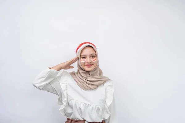 Sonriente Joven Musulmana Asiática Que Celebra Día Independencia Indonesia Agosto —  Fotos de Stock