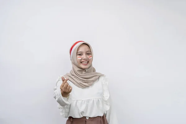 Smiling Young Asian Muslim Woman Feels Happy Romantic Shapes Heart — Stock Photo, Image