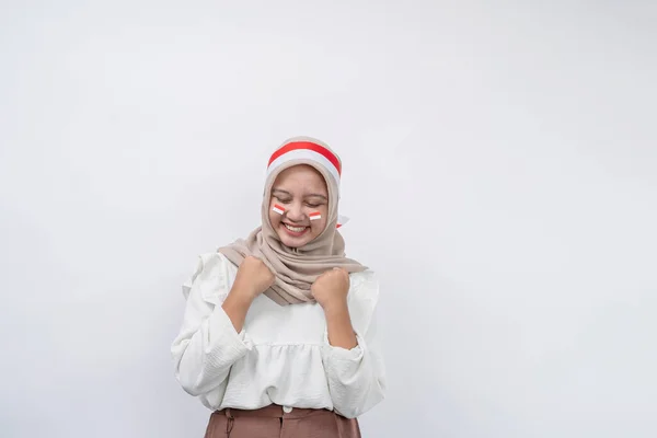 Excited Cute Asian Women Muslim Celebrate Indonesian Independence Day Isolated — Stock Photo, Image