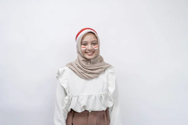 Hermosa Mujer Musulmana Asiática Celebra Día Independencia Indonesia Sonriendo Feliz —  Fotos de Stock