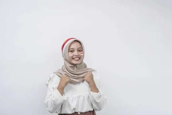 Des Femmes Asiatiques Mignonnes Excitées Musulmanes Célèbrent Fête Indépendance Indonésienne — Photo