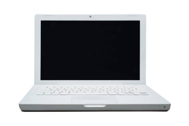 Laptop boş izole üzerinde beyaz arka plan ekran, alüminyum profil gövde beyaz
