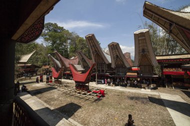 TANA TORAJA, SULAWESI, İNDONEZYA - 26 Kasım 2016: Geleneksel evin önündeki iki tabut, ölüm törenlerinden biri olarak törene hazırdı