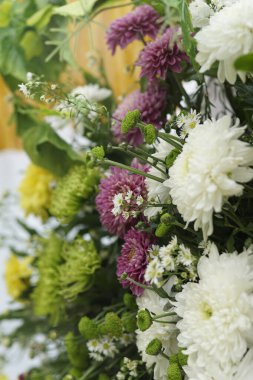 Ortasında mor çiçekler olan renkli çiçekler.