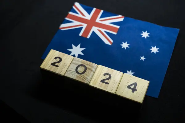 2024, Australia, Australia flag with date block, Concept, Important events for Australia in the new year, election, economy, social activities, central bank, Australia foreign policy