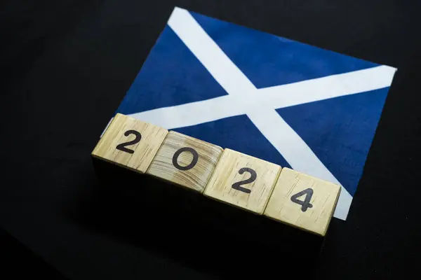2024, Scotland, Scotland flag with date block, Concept, Important events for Scotland in the new year, election, economy, social activities, central bank, Scotland foreign policy