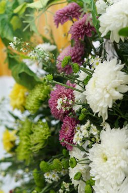 Ortasında mor çiçekler olan renkli çiçekler.