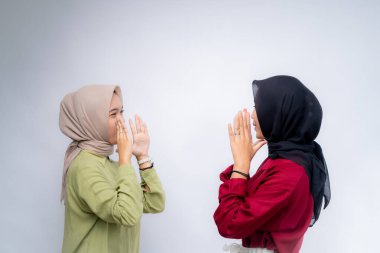 Duyuru. Mutlu Asyalı iki genç kadının portresi. Kopya Uzay Reklamında elini kullanarak Beyaz Stüdyo Arkaplanının Üzerinde İzole Edilmiş.