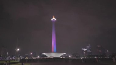 Geceleri maymunlar. Merdeka Meydanı 'nın merkezindeki Ulusal Anıt Obelisk, Merkez Jakarta.