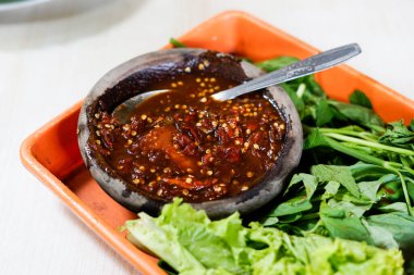 Sambal ulek terasi (kırmızı biber ezmesi) bir toprak kapında servis edilir. çiğ sebzelerle ya da Endonezya 'da Lalapan denen şeyle yenir.