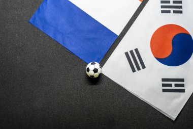 Fransa, Güney Kore 'ye karşı. Ulusal bayraklarla futbol maçı.