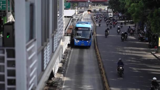 Jakarta Indonesia March 2016 Trans Jakarta Buses Pick Drop Passengers — Stock Video