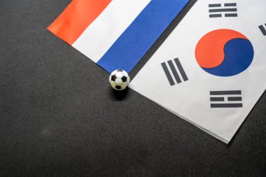 Hollanda, Güney Kore 'ye karşı. Ulusal bayraklarla futbol maçı.
