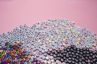 sweet multicolored alphabet background. Isolated, Flat Lay, Copy space, top view, space for text.