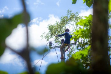 CIANJUR, INDONEZYA - 17 Ekim 2015: Uzak bölgelerde elektrik direklerinin ve kabloların inşasına sakinlerin karşılıklı işbirliğiyle yardımcı olunur