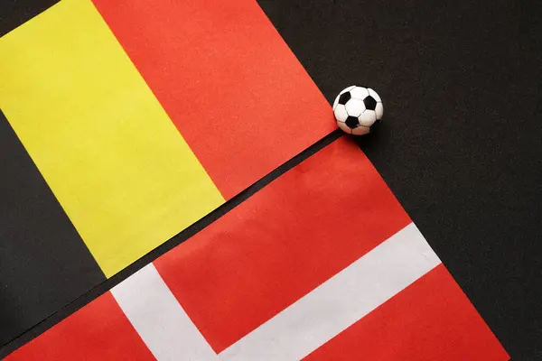 Belçika Danimarka 'ya karşı, ulusal bayraklarla futbol maçı