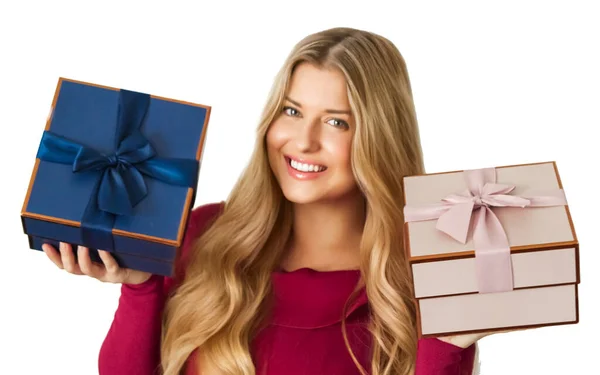 Birthday Christmas Gifts Holiday Present Happy Woman Holding Gift Boxes — Stock Photo, Image