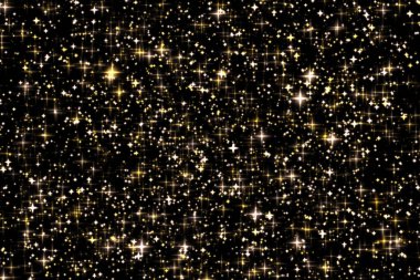 Altın bayram parıltısı ve ışıltılı örtüsü, yıldızlar ve siyah zemin üzerinde sihirli parıltı dokusu, lüks ve cazibe tasarımları için altın yıldız toz parçacıkları