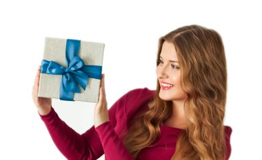 Christmas holiday present, happy woman holding a gift or luxury beauty box subscription delivery isolated on white background, portrait