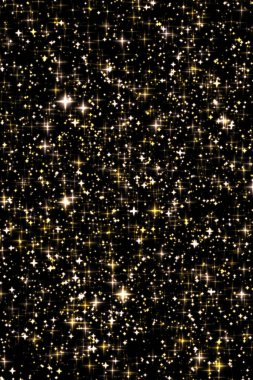 Altın bayram parıltısı ve ışıltılı örtüsü, yıldızlar ve siyah zemin üzerinde sihirli parıltı dokusu, lüks ve cazibe tasarımları için altın yıldız toz parçacıkları