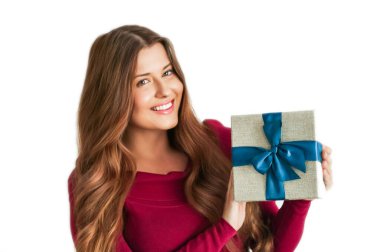 Christmas holiday present, happy woman holding a gift or luxury beauty box subscription delivery isolated on white background, portrait