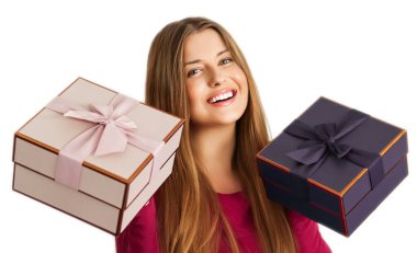 Birthday, Christmas gifts or holiday present, happy woman holding gift boxes isolated on white background, portrait