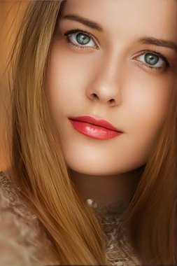 Güzellik, lüks moda ve cazibe, altın gibi giyinmiş güzel kadın, portre