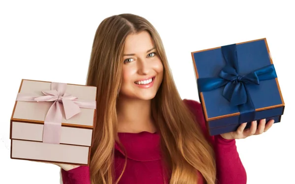 Birthday Christmas Gifts Holiday Present Happy Woman Holding Gift Boxes — Zdjęcie stockowe