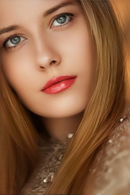 Güzellik, lüks moda ve cazibe, altın gibi giyinmiş güzel kadın, portre