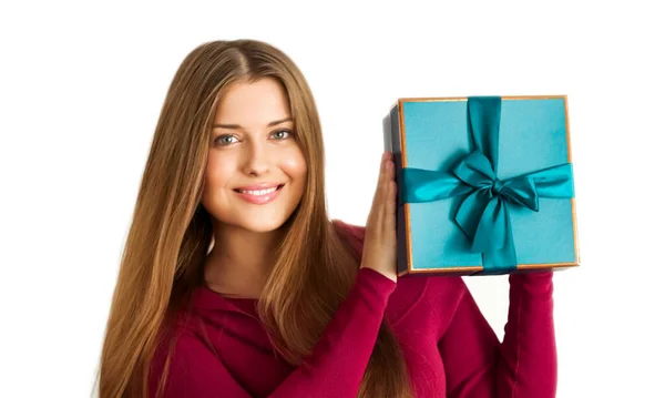 Birthday Christmas Holiday Present Happy Woman Holding Blue Gift Luxury — Fotografia de Stock