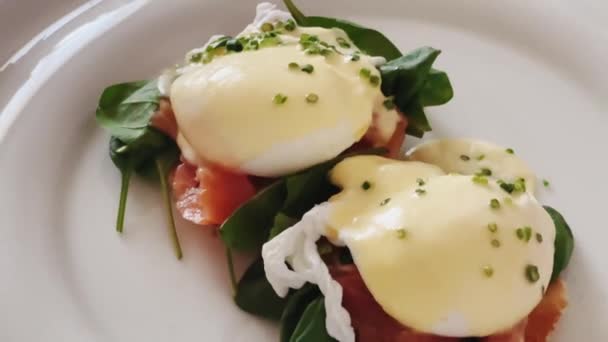 Luxury Breakfast Brunch Food Recipe Poached Eggs Salmon Greens Gluten — Stock Video