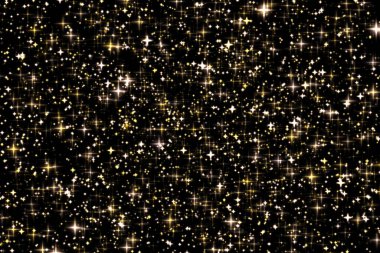 Altın bayram parıltısı ve ışıltılı örtüsü, yıldızlar ve siyah zemin üzerinde sihirli parıltı dokusu, lüks ve cazibe tasarımları için altın yıldız toz parçacıkları