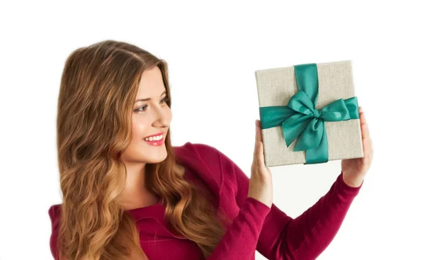 Christmas Holiday Present Happy Woman Holding Gift Luxury Beauty Box — Photo