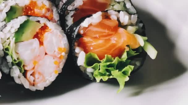 Jedzenie Dieta Japońskie Sushi Restauracji Kuchnia Azjatycka Jako Posiłek Obiad — Wideo stockowe