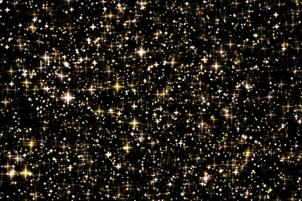 Altın bayram parıltısı ve ışıltılı örtüsü, yıldızlar ve siyah zemin üzerinde sihirli parıltı dokusu, lüks ve cazibe tasarımları için altın yıldız toz parçacıkları
