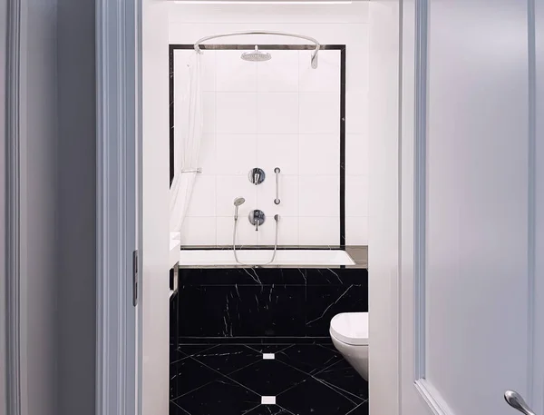 Interior Design Decoration Materials Luxury Black Marble Tiled Bathroom Five — Stock Photo, Image