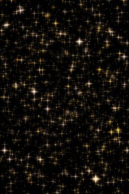 Altın bayram parıltısı ve ışıltılı örtüsü, yıldızlar ve siyah zemin üzerinde sihirli parıltı dokusu, lüks ve cazibe tasarımları için altın yıldız toz parçacıkları