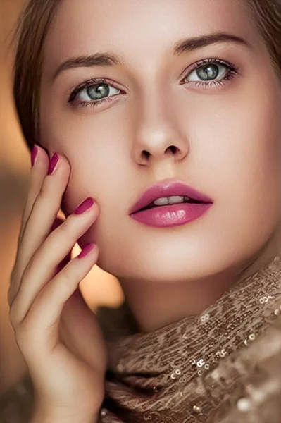 Piękno Makijaż Urok Portret Pięknej Kobiety Manicure Fioletowy Makijaż Szminka — Zdjęcie stockowe