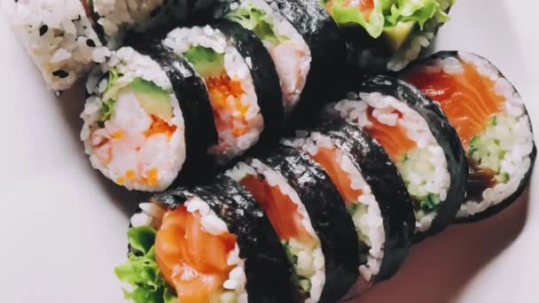 Mat Och Diet Japansk Sushi Restaurang Asiatisk Mat Till Lunch — Stockvideo