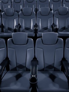 Sinema ve eğlence, televizyon şovu için boş karanlık sinema koltukları ve film endüstrisi markalaşması.