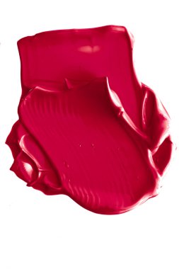 Kırmızı güzellik kumaşı, cilt bakımı ve makyaj malzemesi örnekleri beyaz arka planda izole edilmiş, makyaj lekesi, krem makyaj kremi sürme ya da boya fırçası darbesi yakın çekim