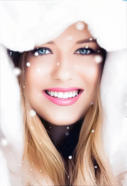 Happy Holidays Beauty Winter Fashion Beautiful Woman Wearing White Fluffy — Stock Photo, Image